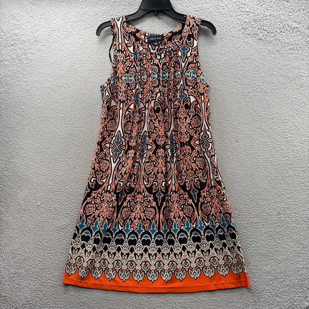 Perceptions Sleeveless Geometric Print Pleated Shift Dress Casual Soft 12 Petite